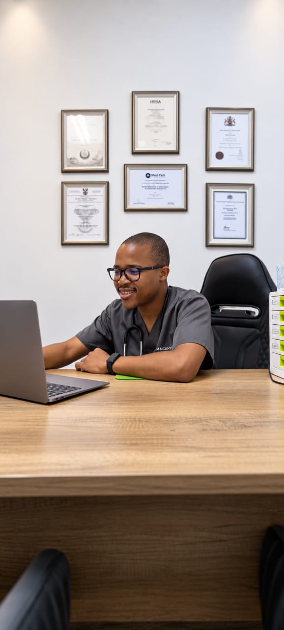 Doctor (dr) Mmeli Ncayiyana consulting at his desk
